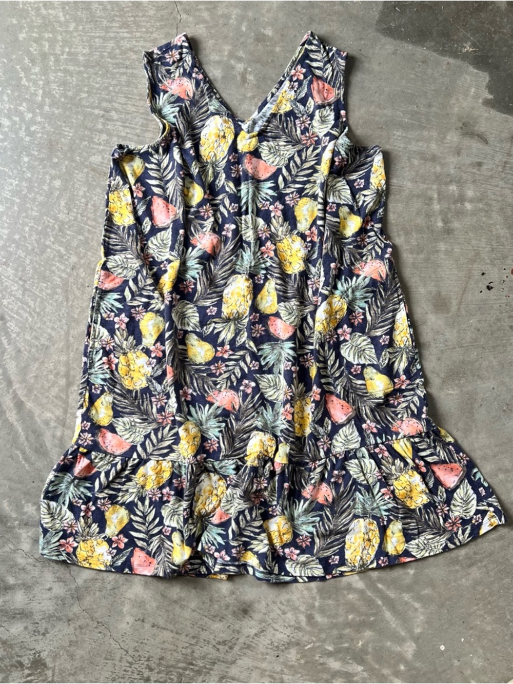 J. Jill Flounced Hem Double V-Neck Knit Dress in Navy and Yellow Print